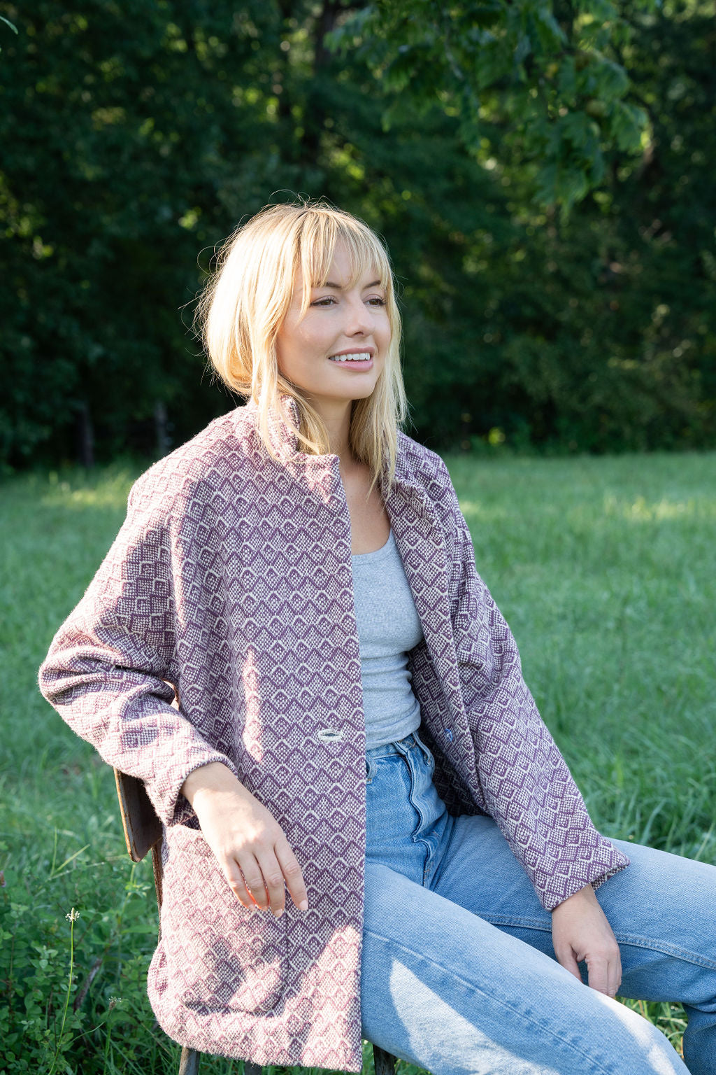 Portuguese Wool Pieper Coat in Purple Dot Made to Order