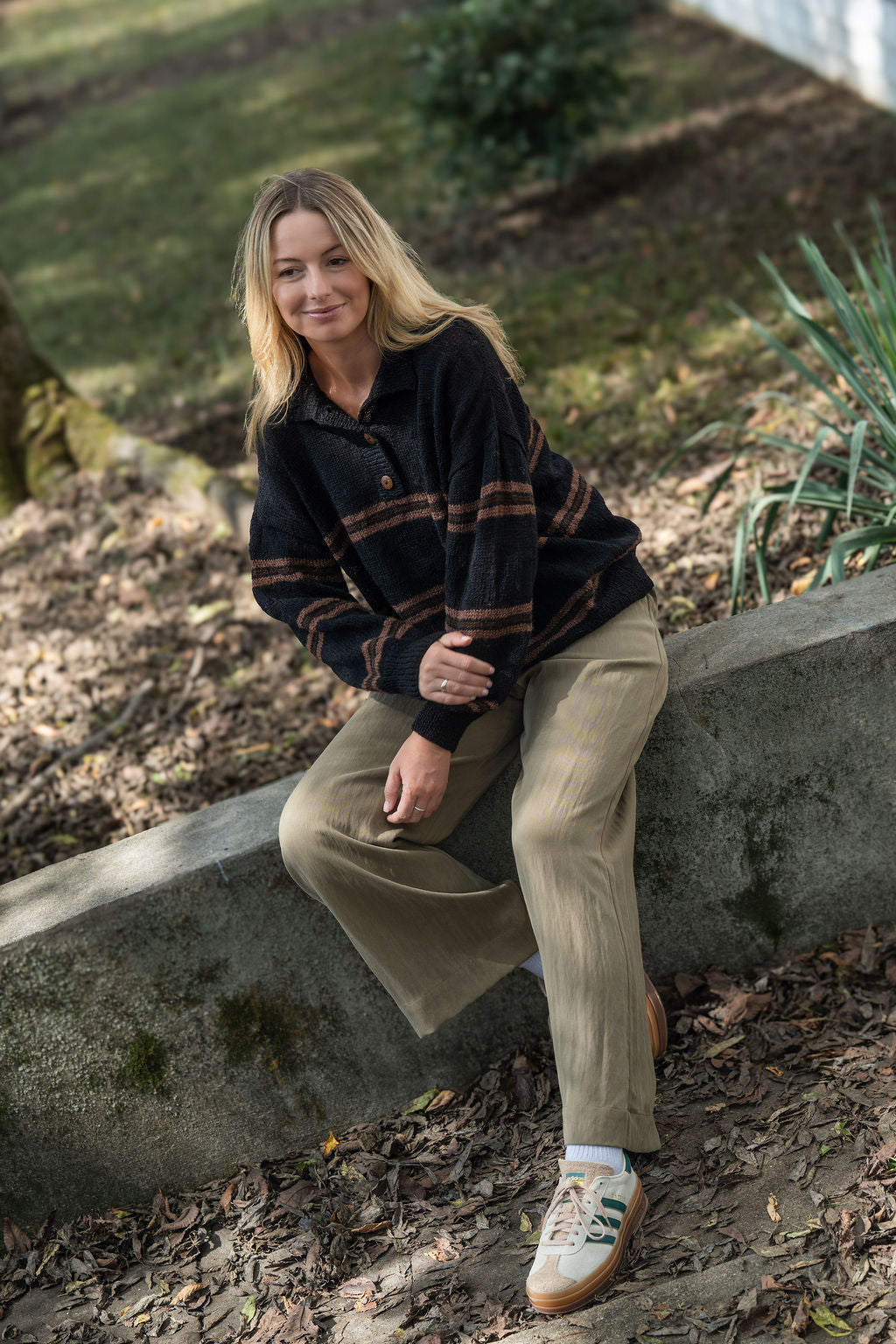 Imogene Oversized Wool Henley in Black and Brown Made to Order