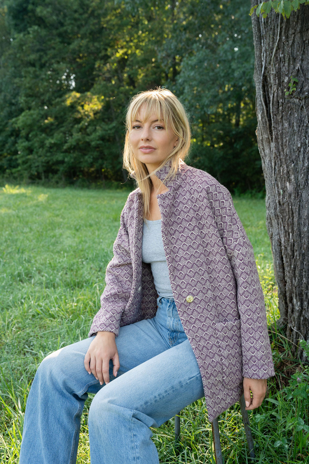 Portuguese Wool Pieper Coat in Purple Dot Made to Order