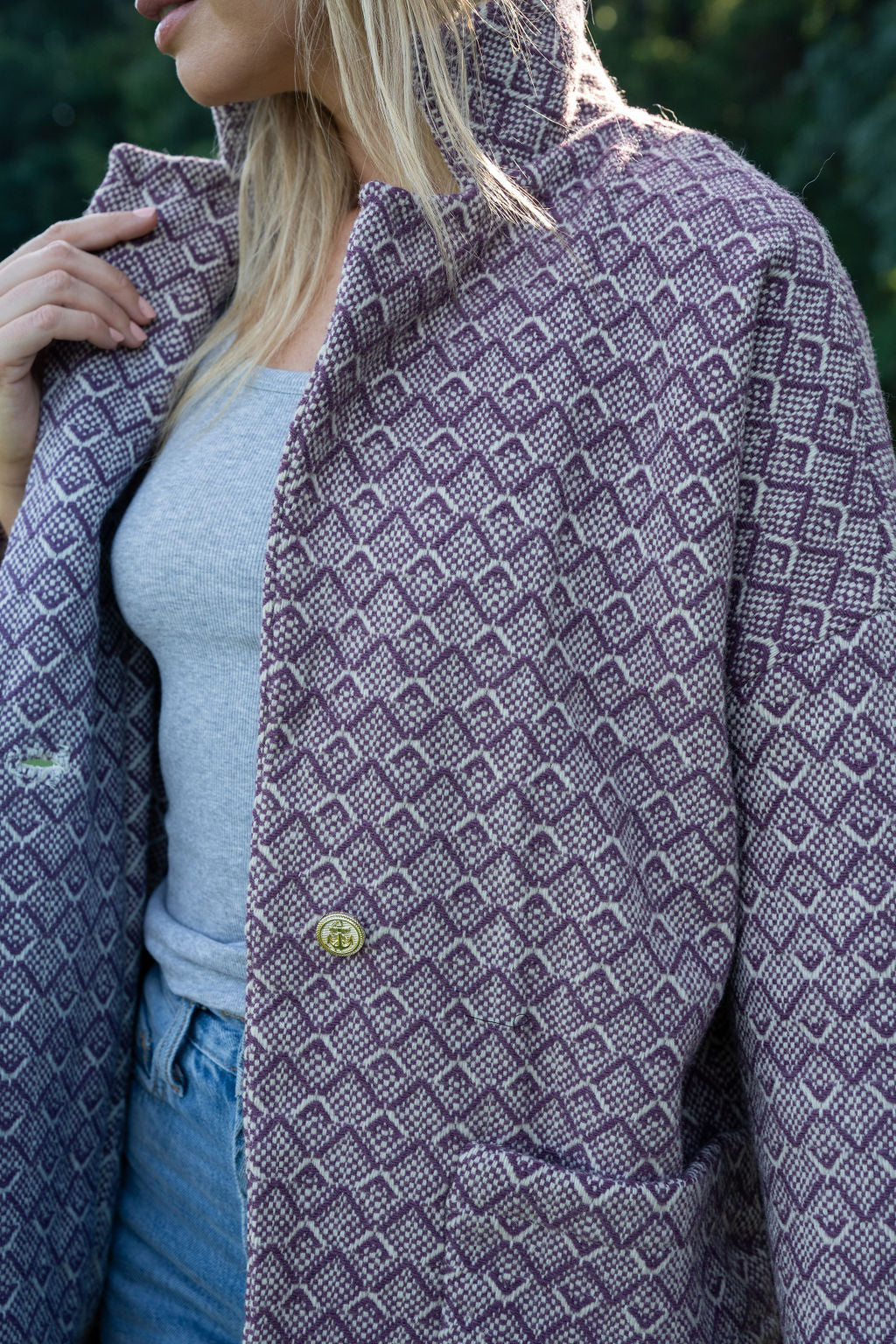 Portuguese Wool Pieper Coat in Purple Dot Made to Order