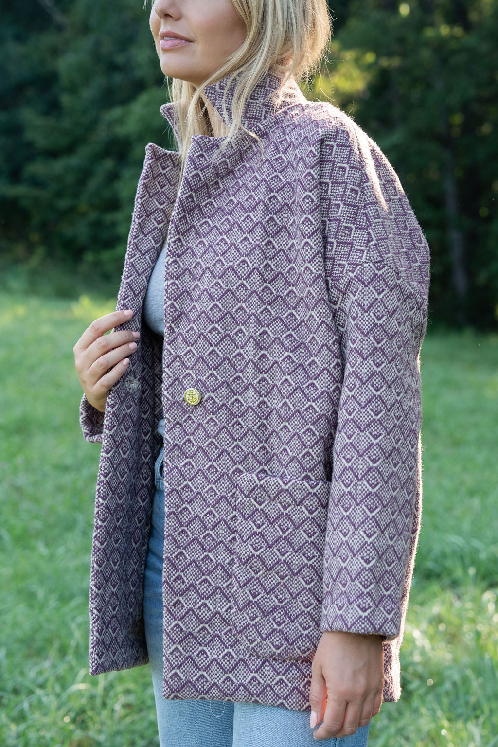 Portuguese Wool Pieper Coat in Purple Dot Made to Order