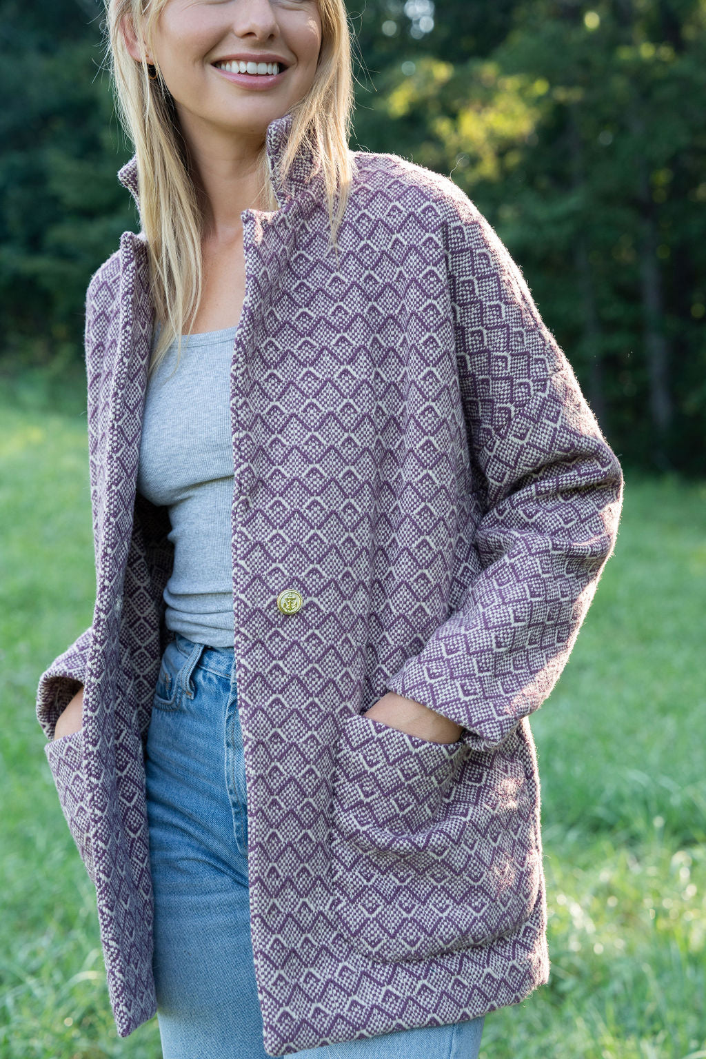Portuguese Wool Pieper Coat in Purple Dot Made to Order
