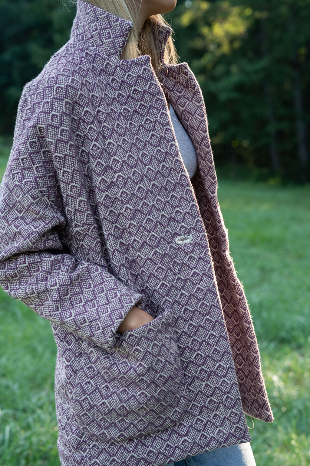 Portuguese Wool Pieper Coat in Purple Dot Made to Order