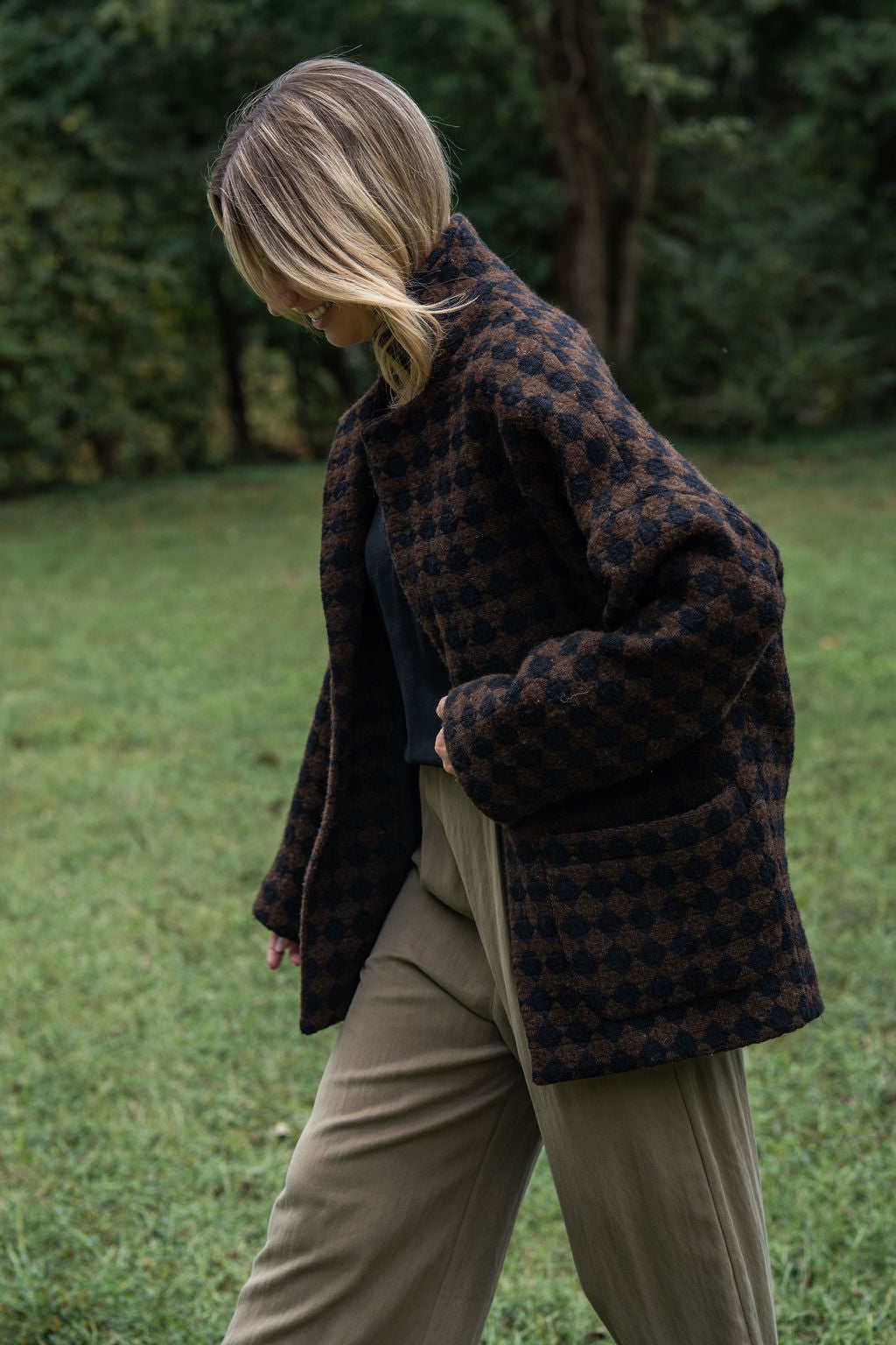 Portuguese Wool Pieper Coat in Black and Brown Check Made to Order
