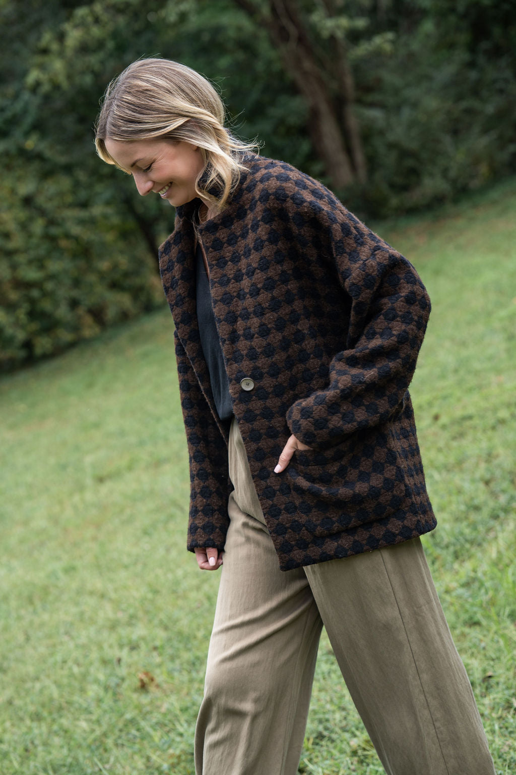 Portuguese Wool Pieper Coat in Black and Brown Check Made to Order