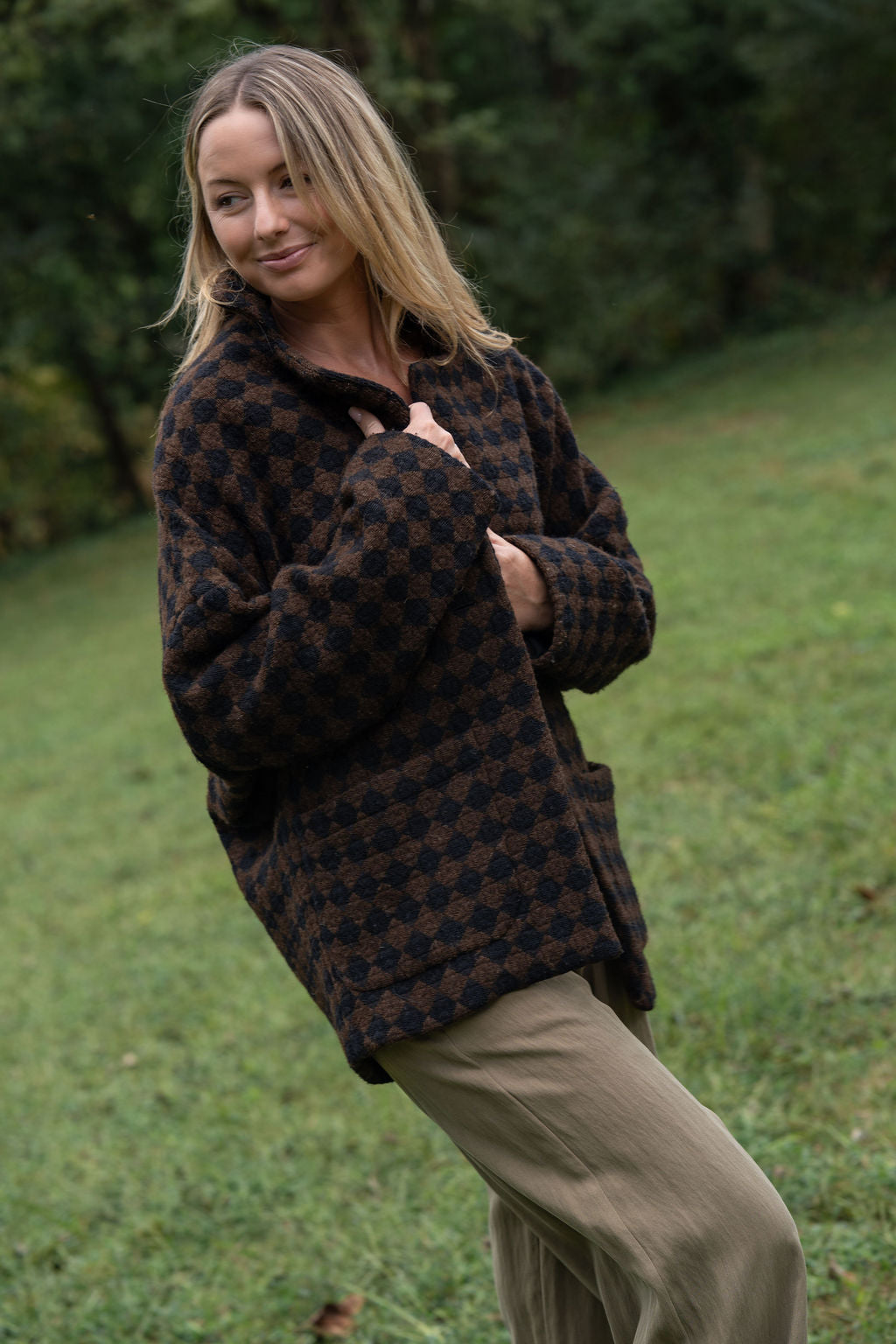 Portuguese Wool Pieper Coat in Black and Brown Check Made to Order