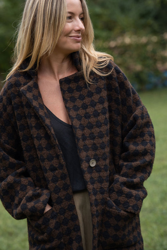 Portuguese Wool Pieper Coat in Black and Brown Check Made to Order