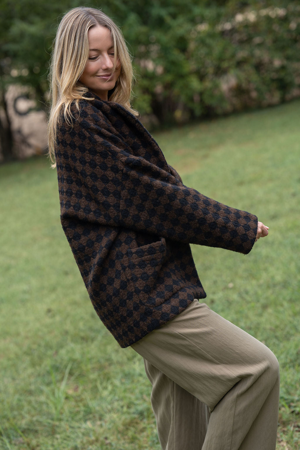 Portuguese Wool Pieper Coat in Black and Brown Check Made to Order