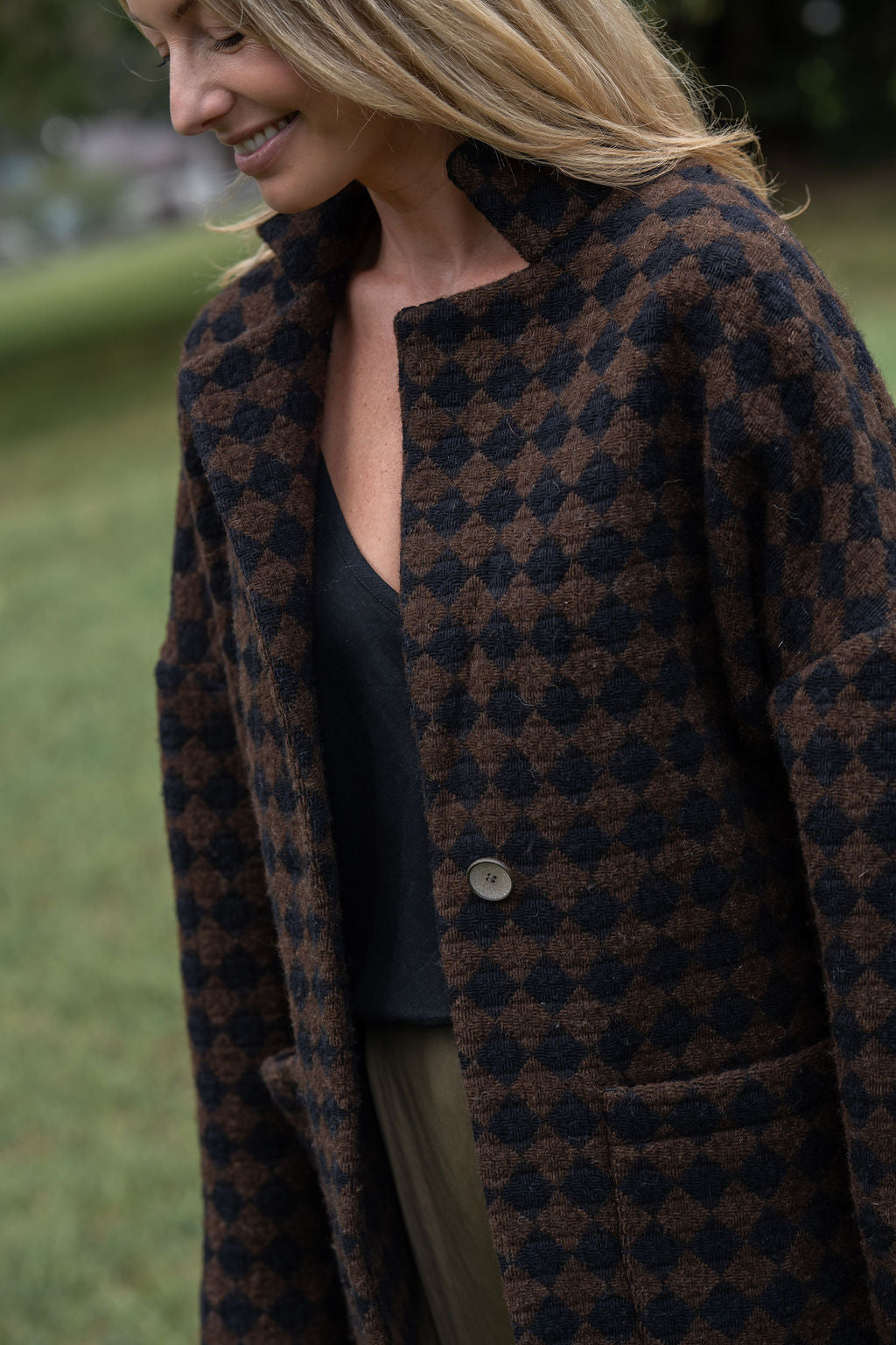Portuguese Wool Pieper Coat in Black and Brown Check Made to Order