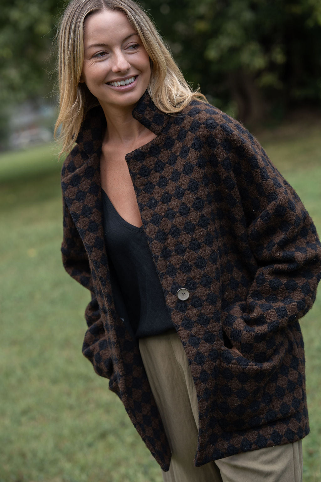 Portuguese Wool Pieper Coat in Black and Brown Check Made to Order