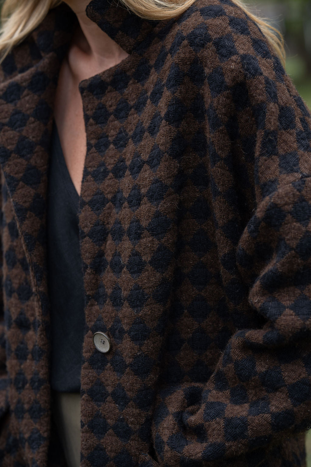Portuguese Wool Pieper Coat in Black and Brown Check Made to Order
