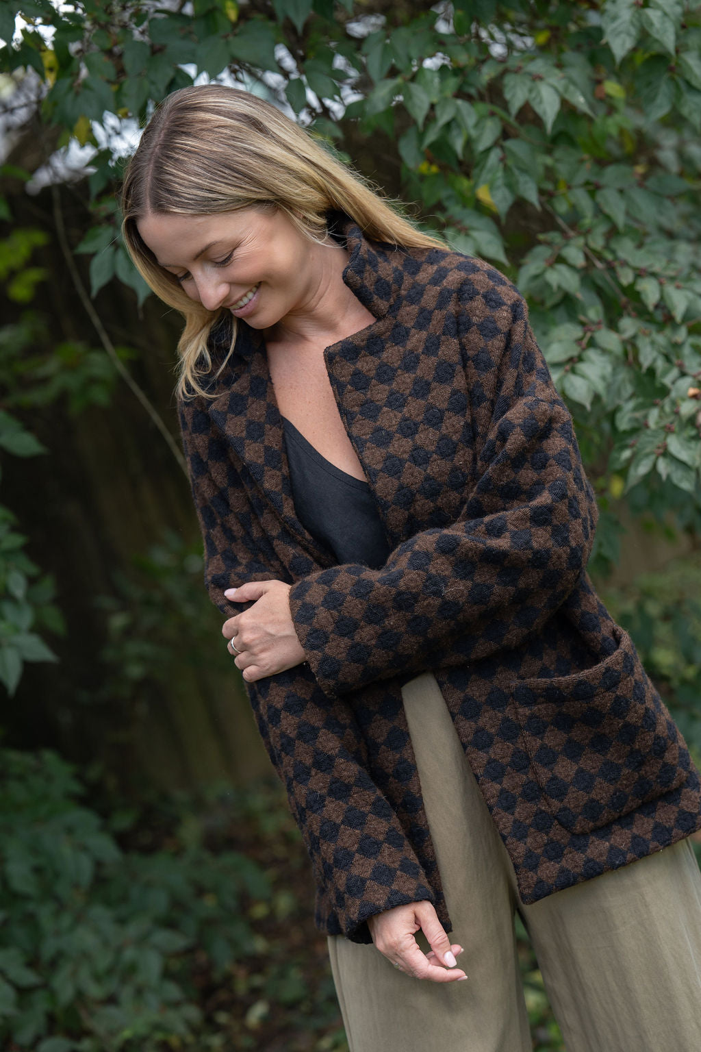 Portuguese Wool Pieper Coat in Black and Brown Check Made to Order