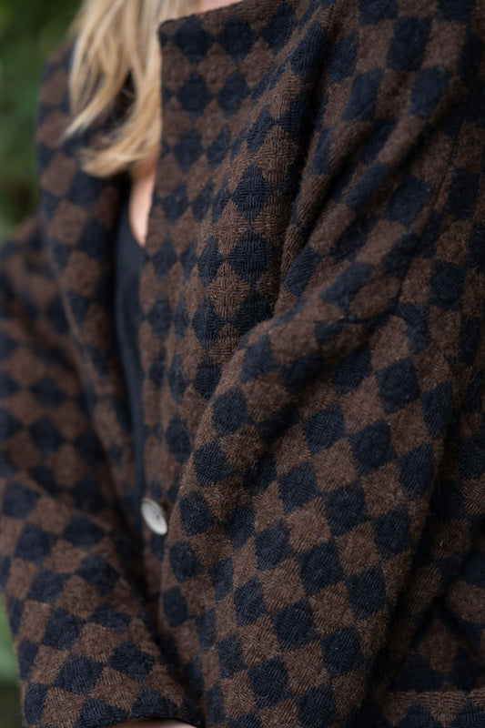 Portuguese Wool Pieper Coat in Black and Brown Check Made to Order