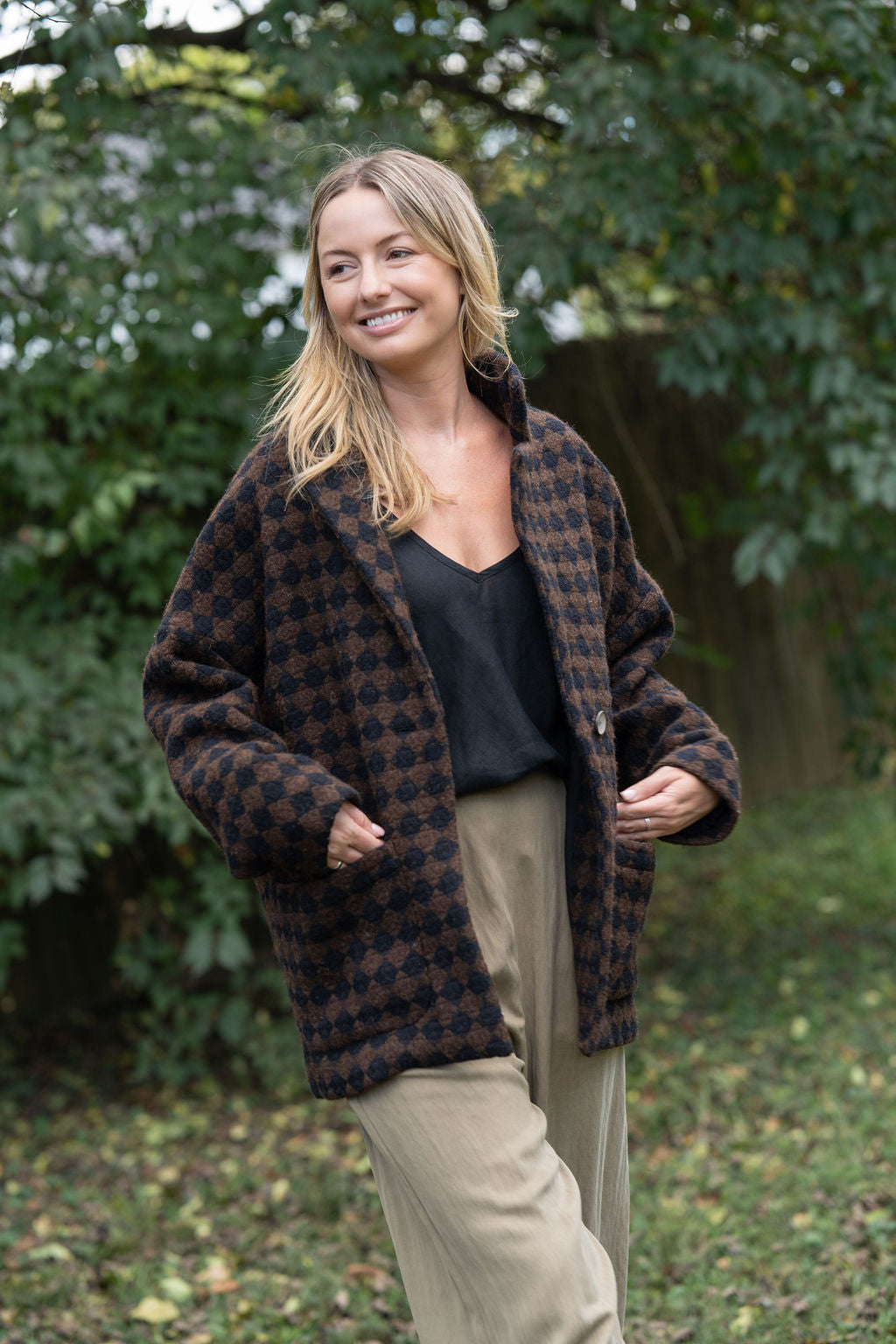 Portuguese Wool Pieper Coat in Black and Brown Check Made to Order