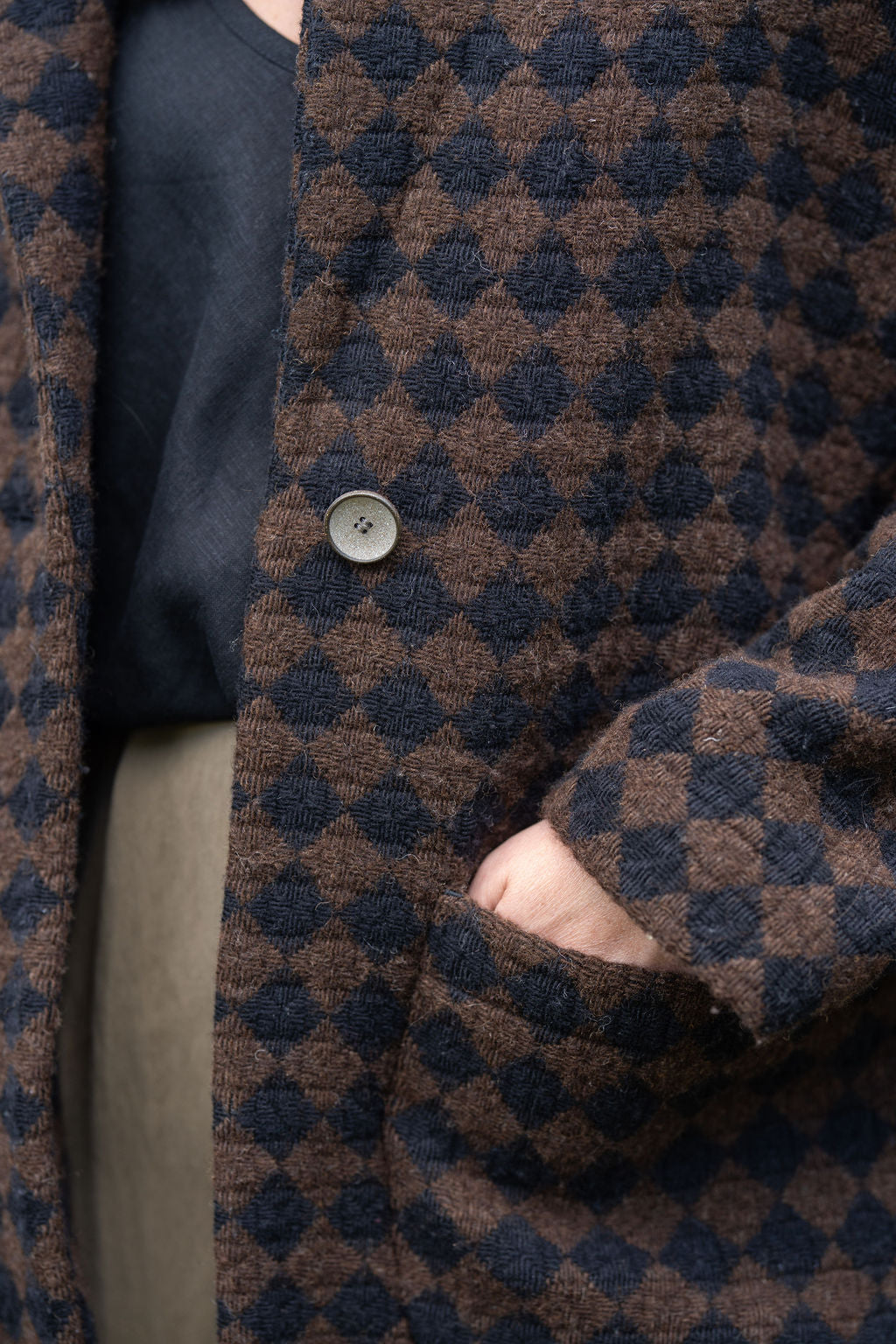 Portuguese Wool Pieper Coat in Black and Brown Check Made to Order