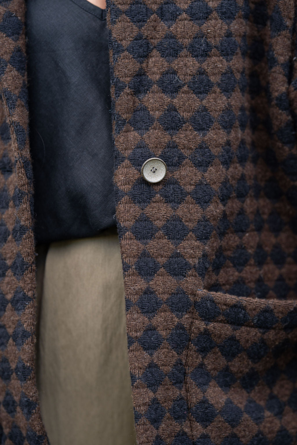 Portuguese Wool Pieper Coat in Black and Brown Check Made to Order