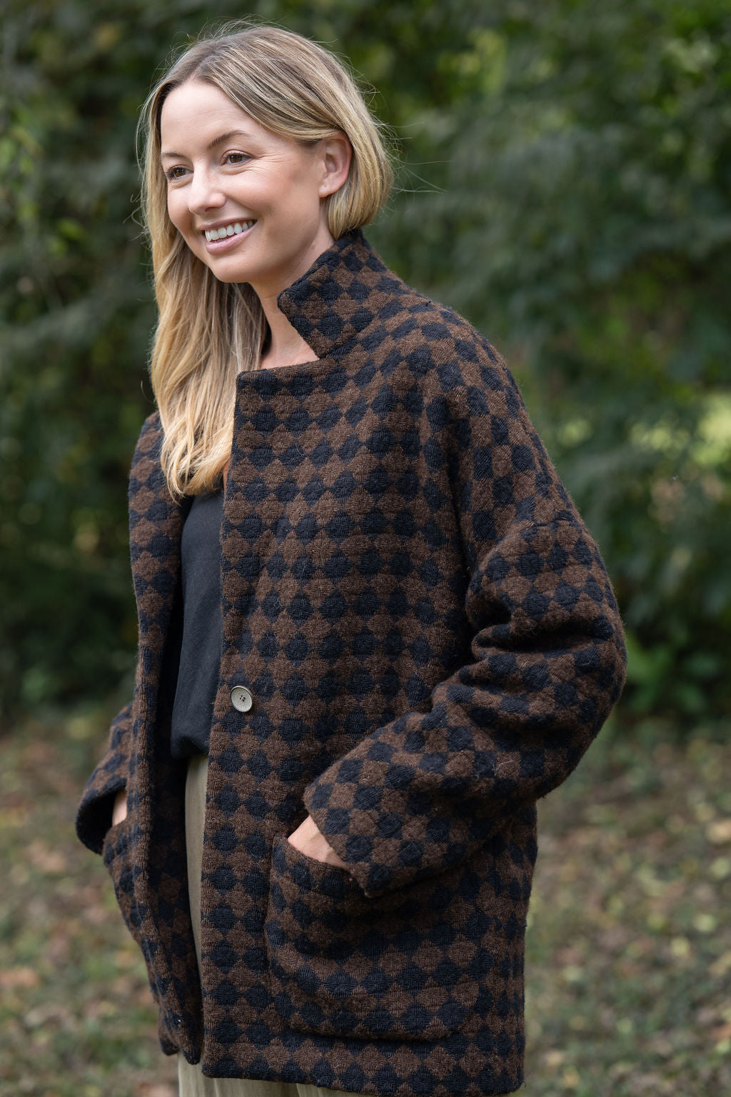 Portuguese Wool Pieper Coat in Black and Brown Check Made to Order