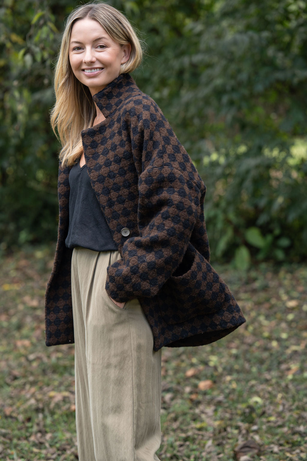 Portuguese Wool Pieper Coat in Black and Brown Check Made to Order