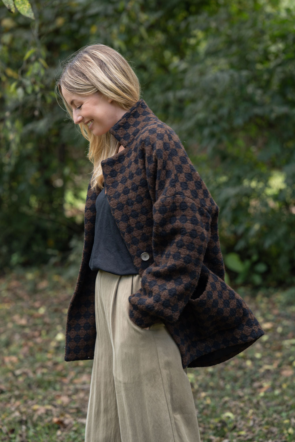 Portuguese Wool Pieper Coat in Black and Brown Check Made to Order