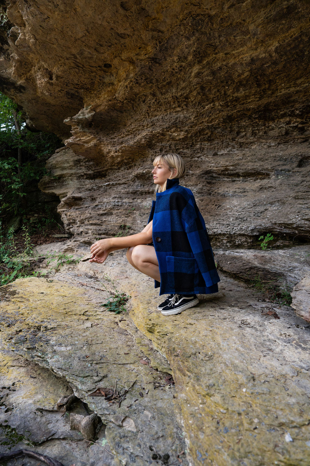 Portuguese Wool Pieper Coat in Cobalt and Black Plaid Made to Order