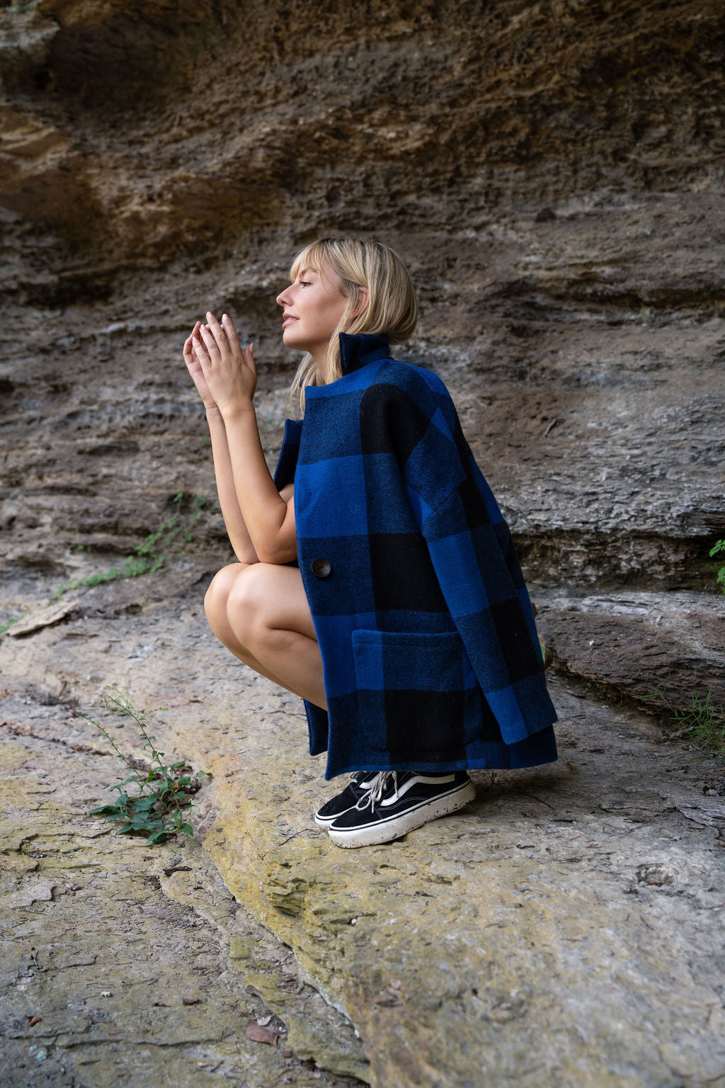 Portuguese Wool Pieper Coat in Cobalt and Black Plaid Made to Order