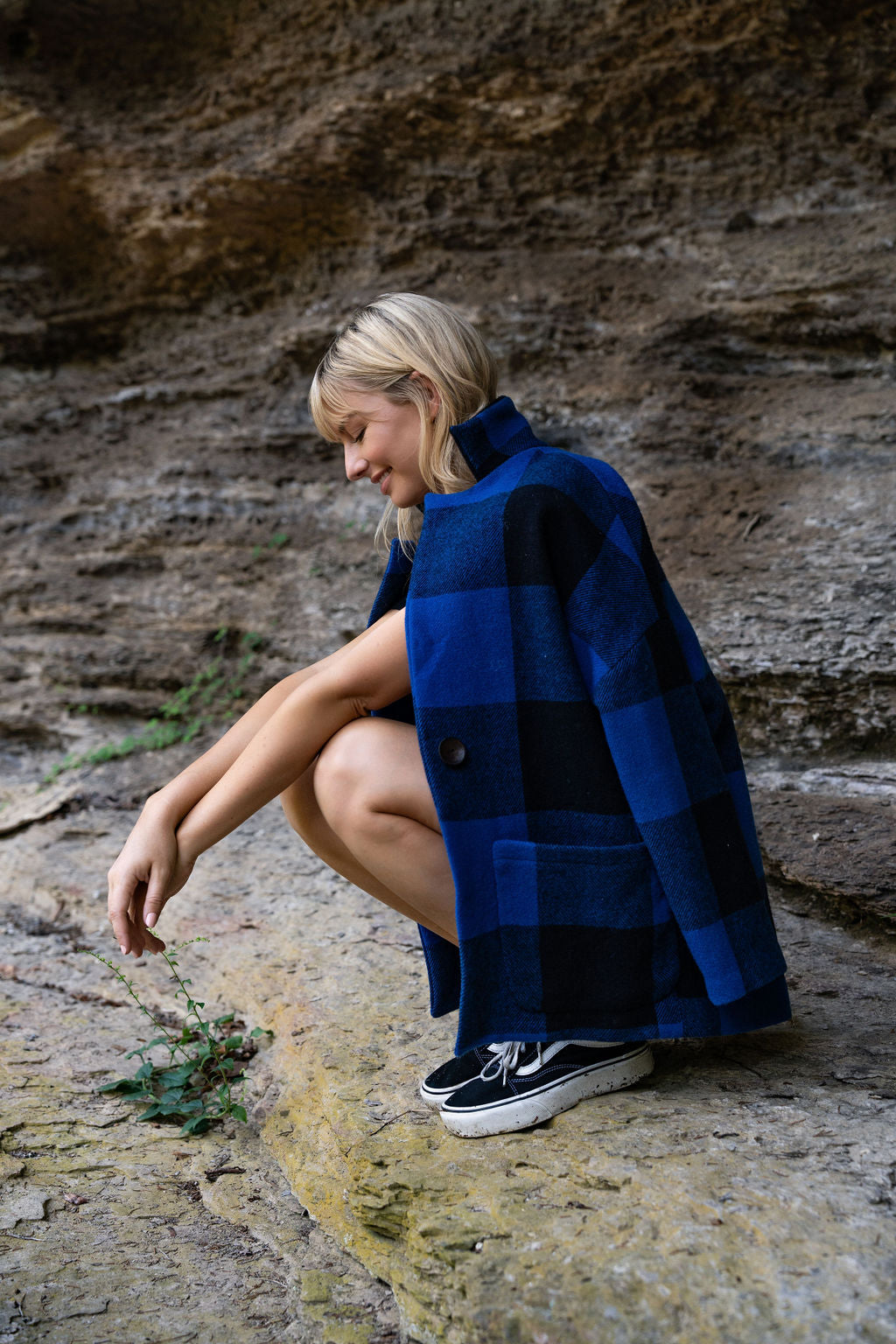 Portuguese Wool Pieper Coat in Cobalt and Black Plaid Made to Order