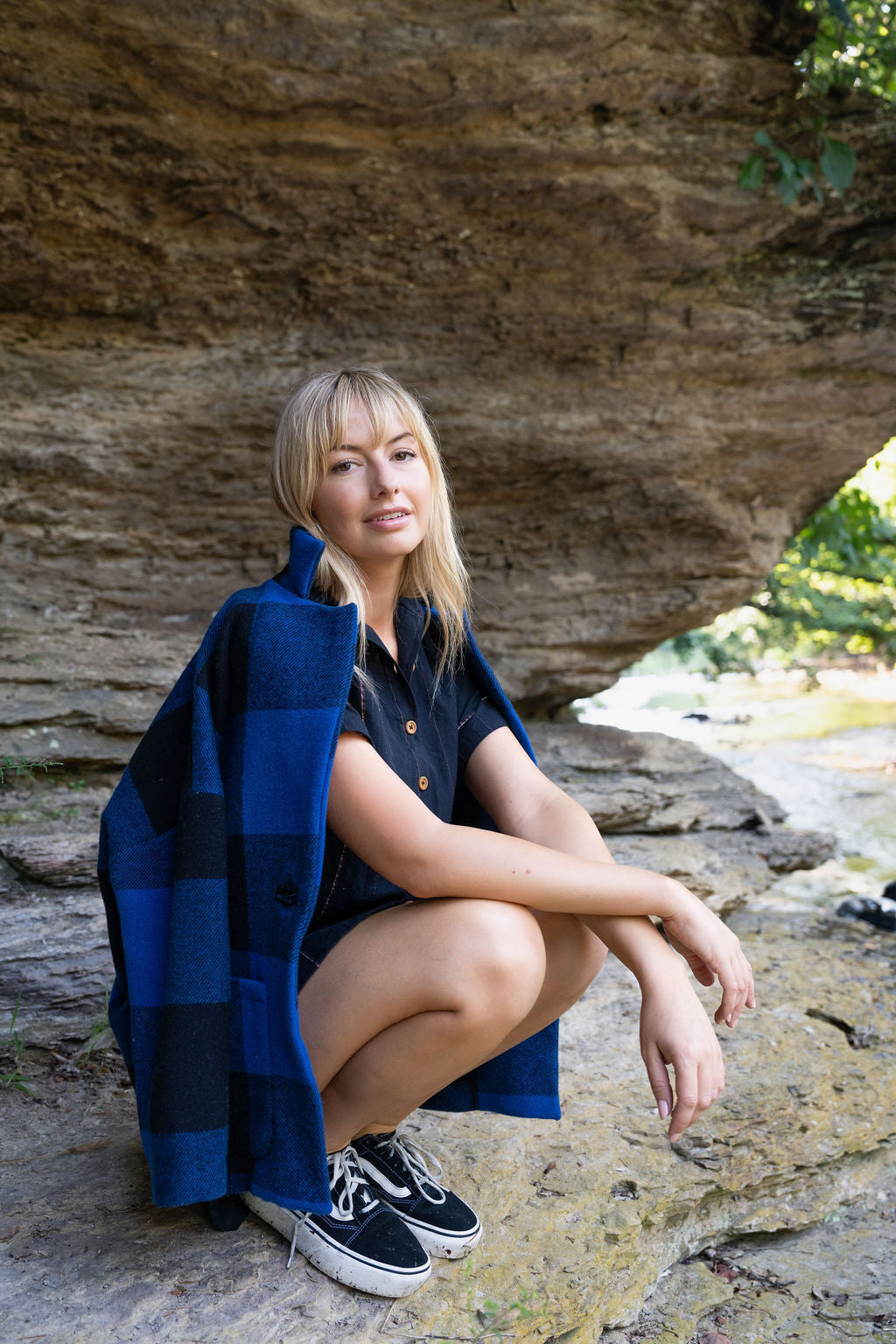 Portuguese Wool Pieper Coat in Cobalt and Black Plaid Made to Order