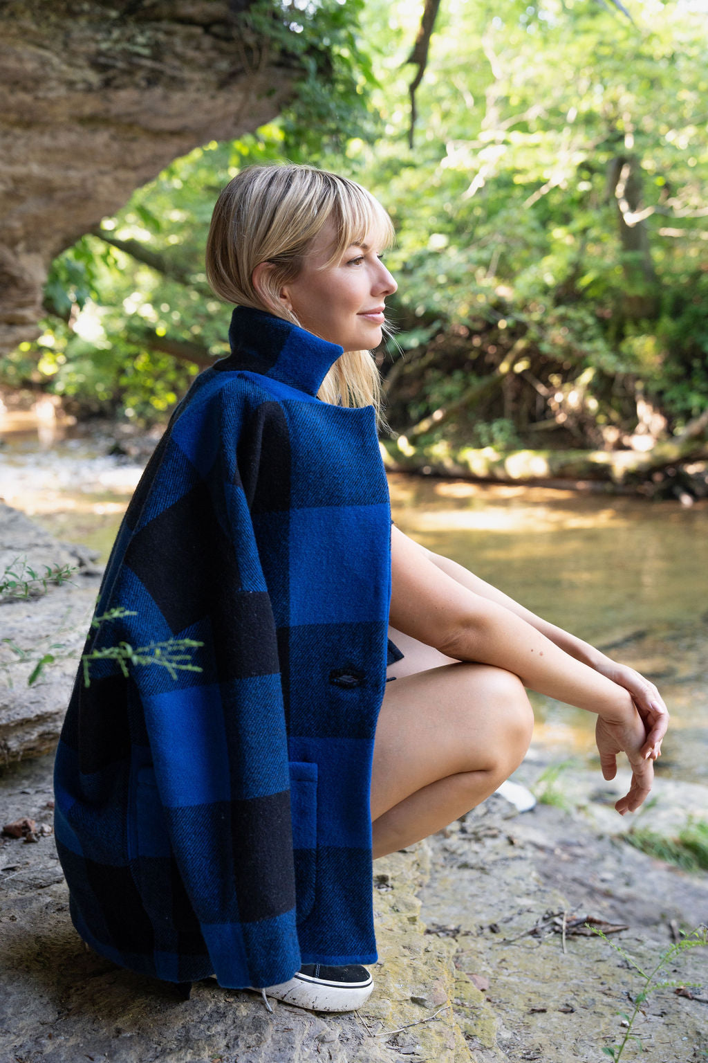 Portuguese Wool Pieper Coat in Cobalt and Black Plaid Made to Order