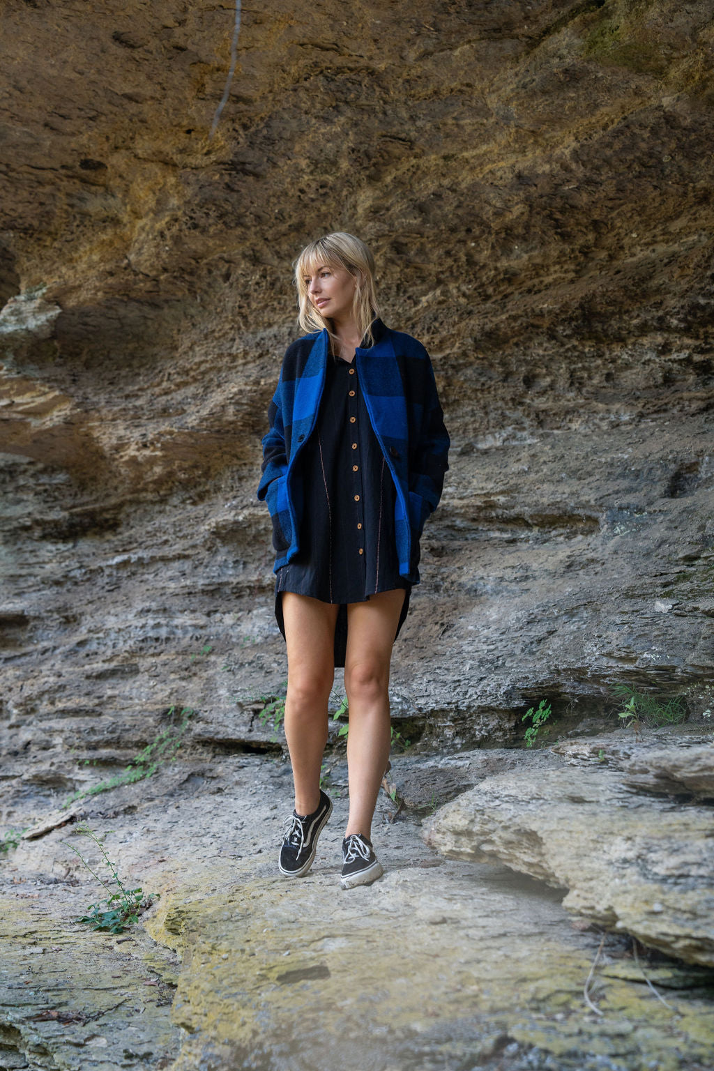 Portuguese Wool Pieper Coat in Cobalt and Black Plaid Made to Order