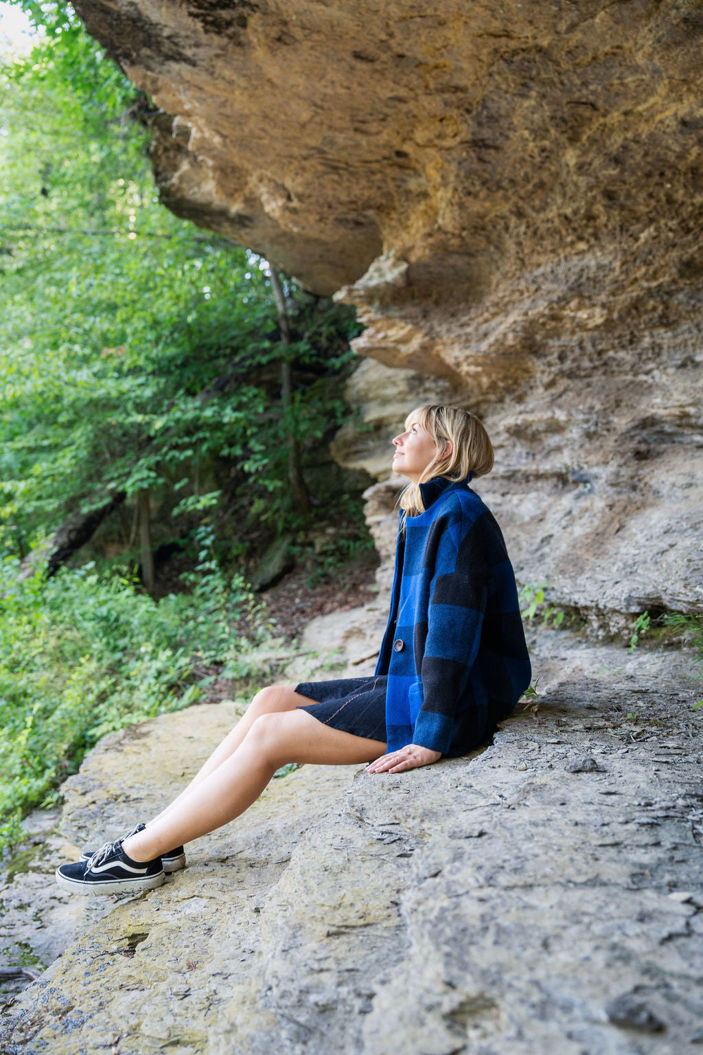 Portuguese Wool Pieper Coat in Cobalt and Black Plaid Made to Order