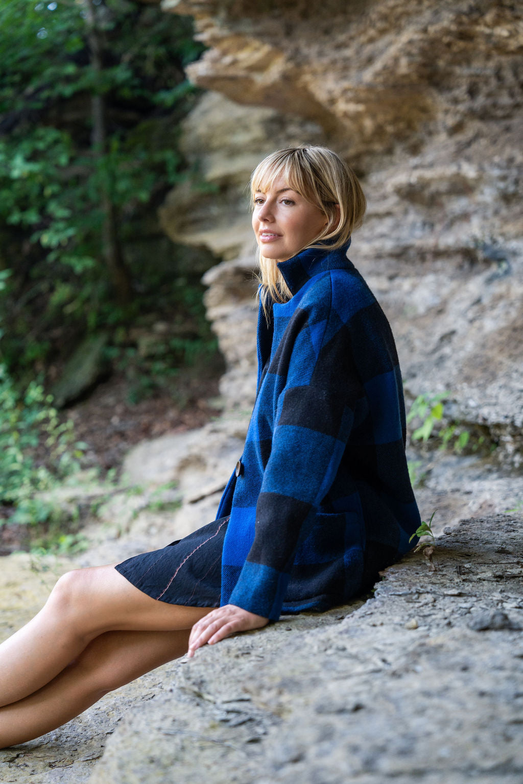 Portuguese Wool Pieper Coat in Cobalt and Black Plaid Made to Order