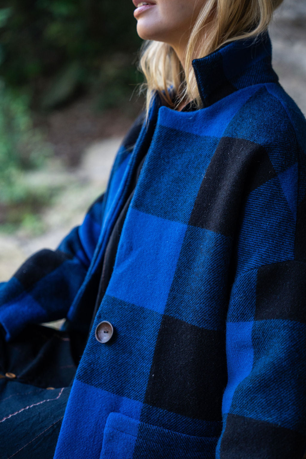 Portuguese Wool Pieper Coat in Cobalt and Black Plaid Made to Order
