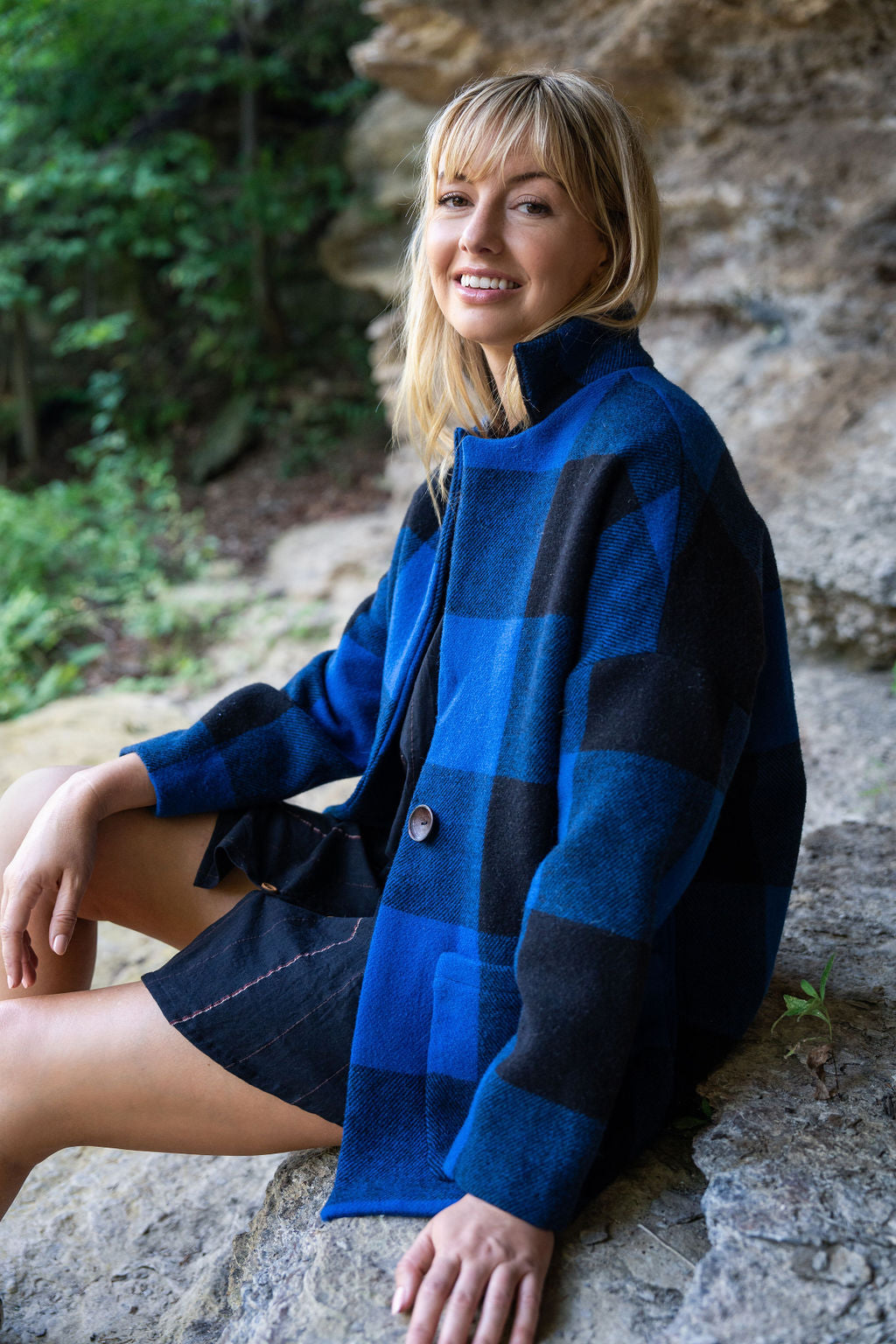Portuguese Wool Pieper Coat in Cobalt and Black Plaid Made to Order