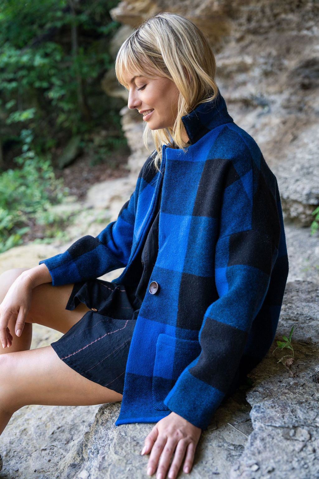 Portuguese Wool Pieper Coat in Cobalt and Black Plaid Made to Order