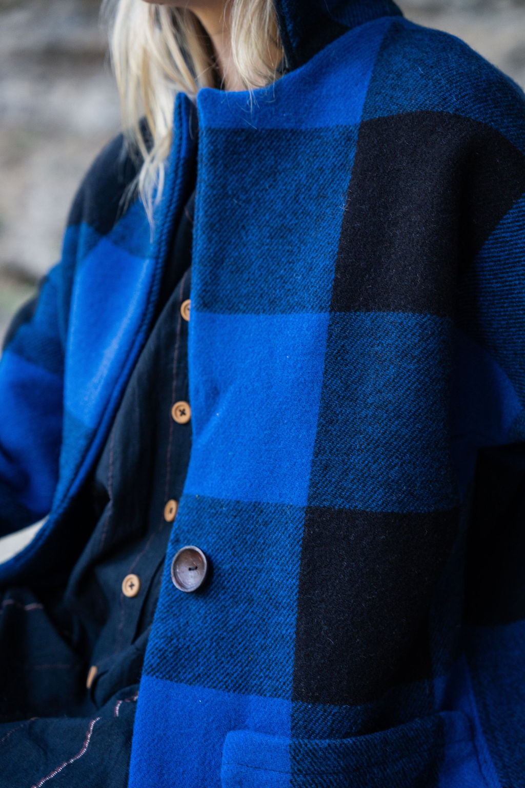 Portuguese Wool Pieper Coat in Cobalt and Black Plaid Made to Order