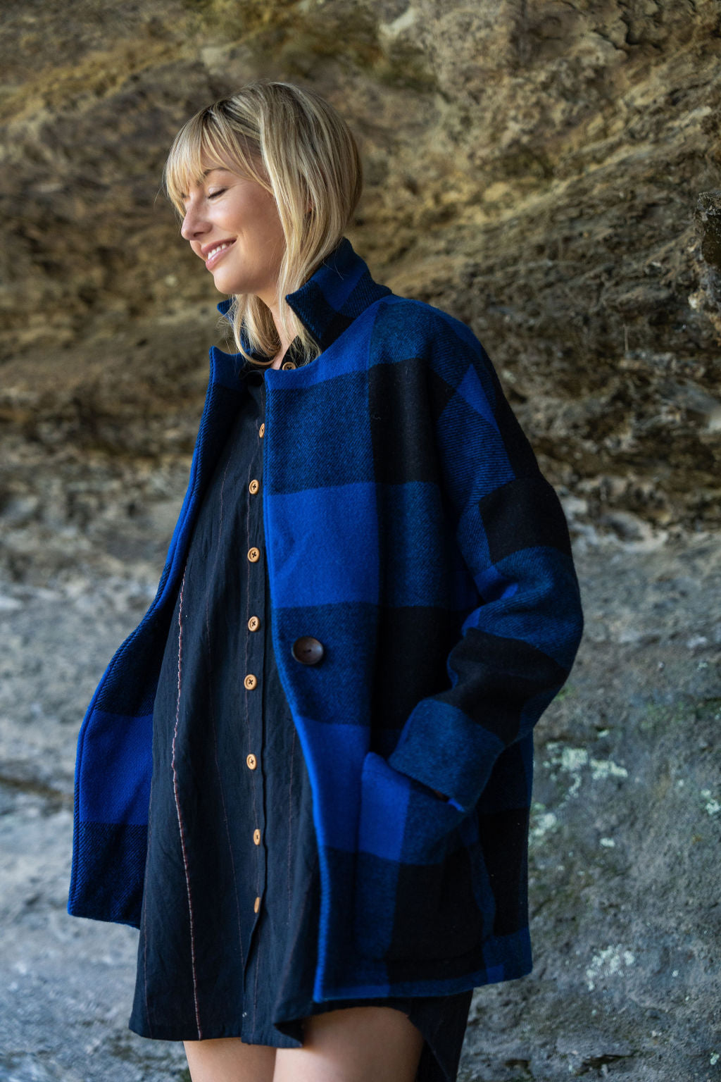 Portuguese Wool Pieper Coat in Cobalt and Black Plaid Made to Order