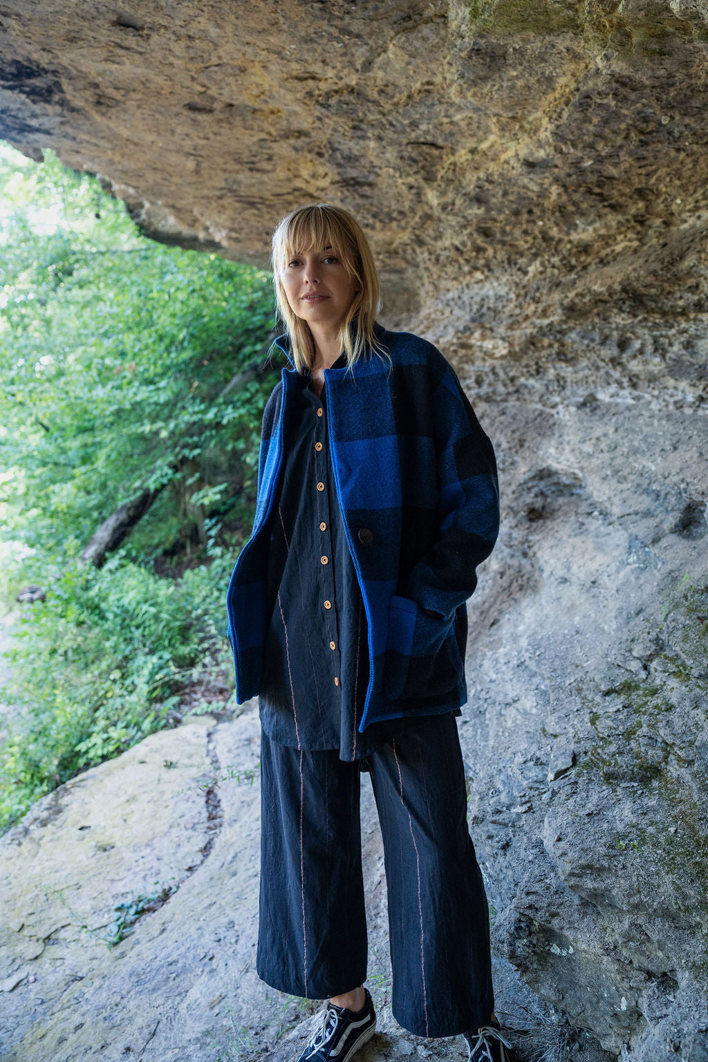 Portuguese Wool Pieper Coat in Cobalt and Black Plaid Made to Order