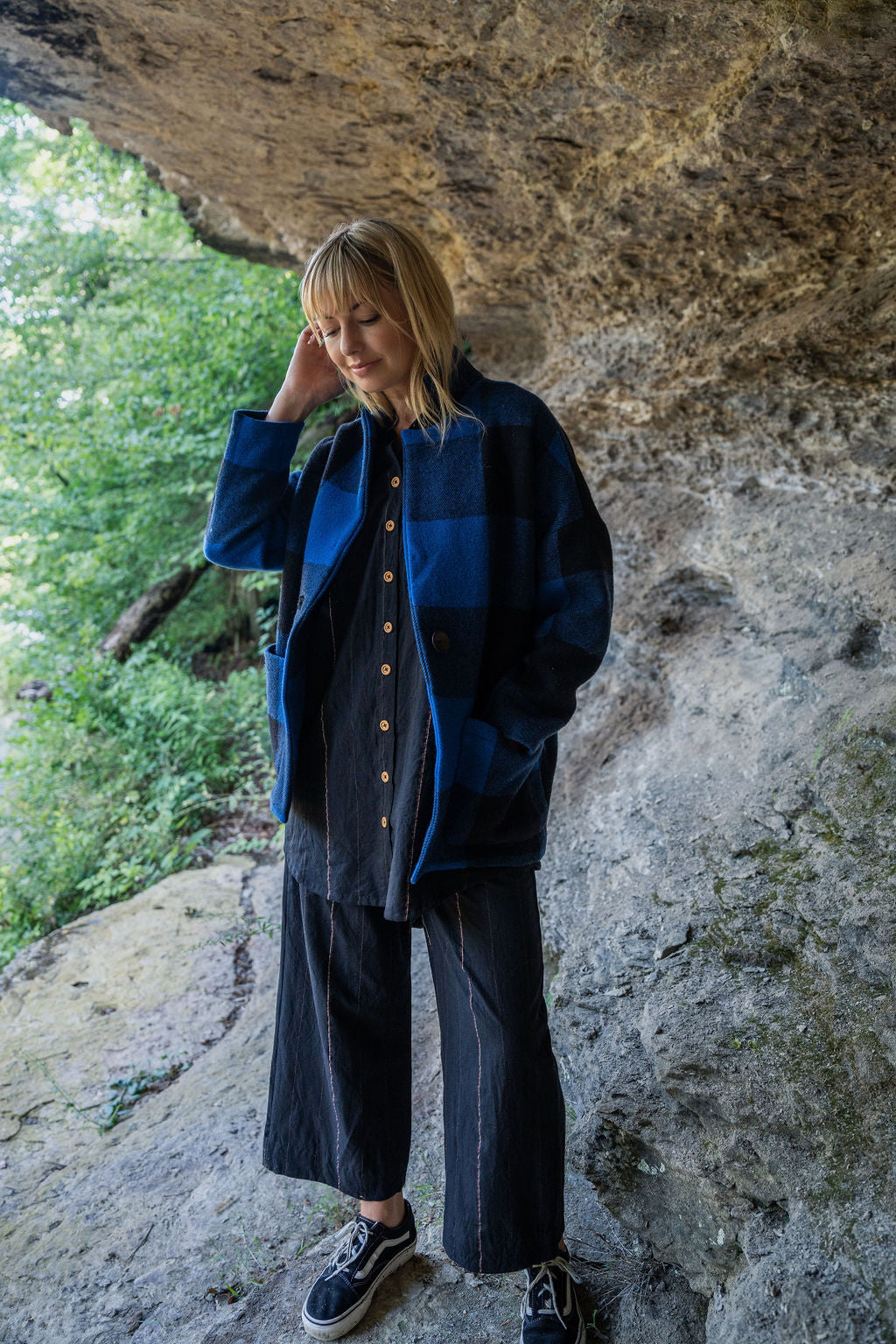 Portuguese Wool Pieper Coat in Cobalt and Black Plaid Made to Order