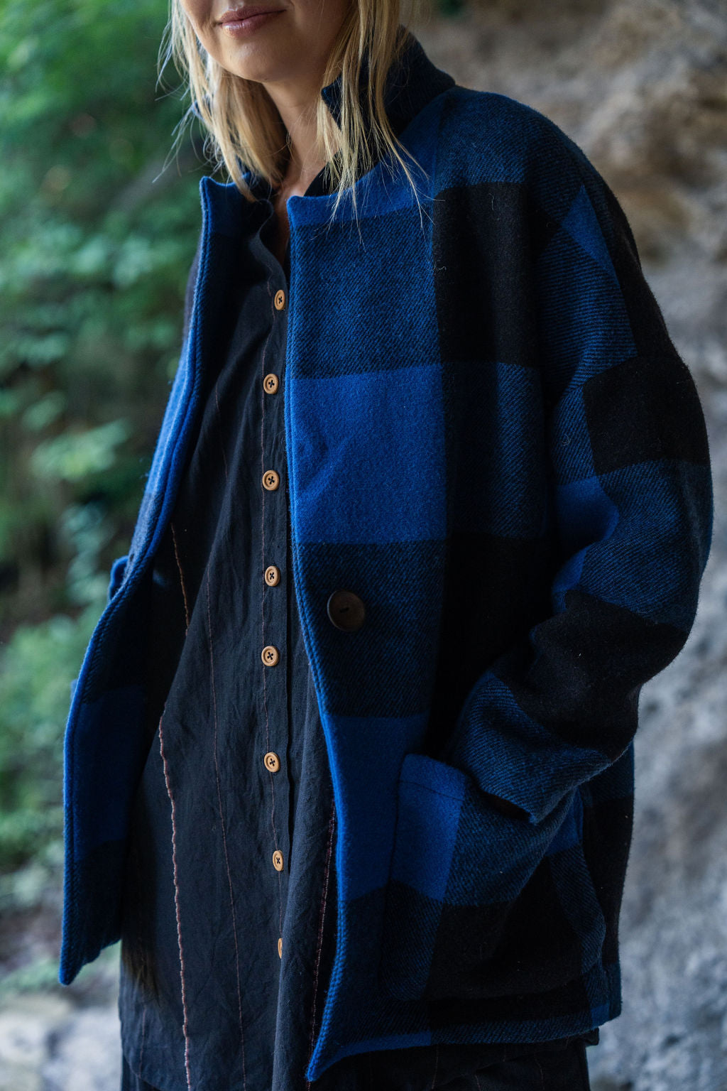 Portuguese Wool Pieper Coat in Cobalt and Black Plaid Made to Order