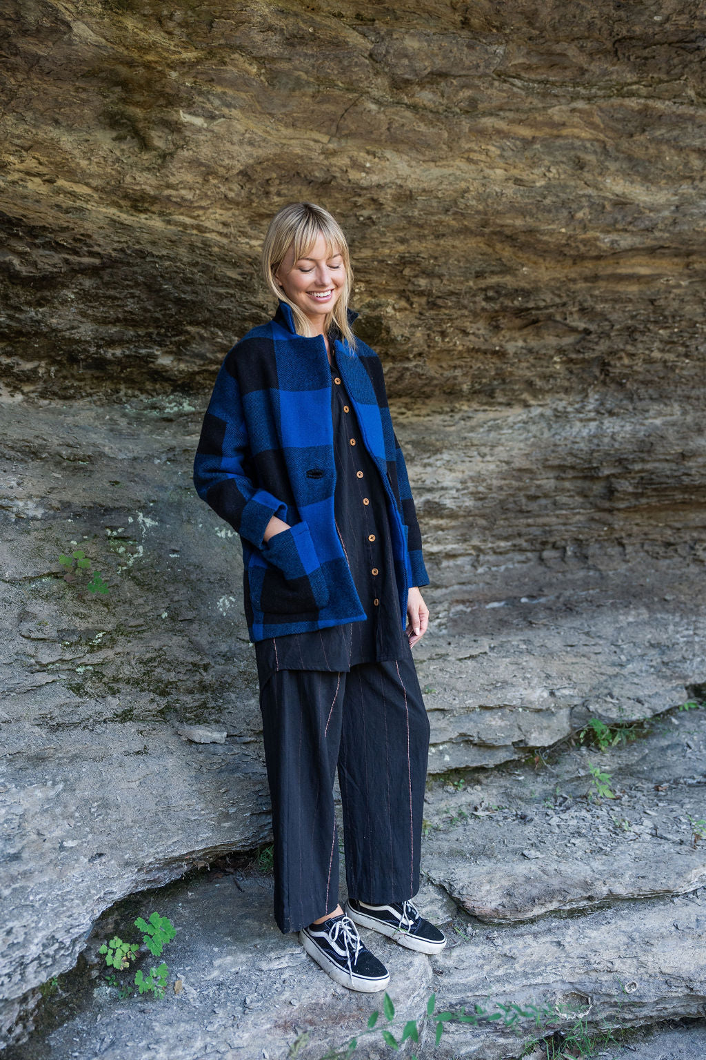 Portuguese Wool Pieper Coat in Cobalt and Black Plaid Made to Order