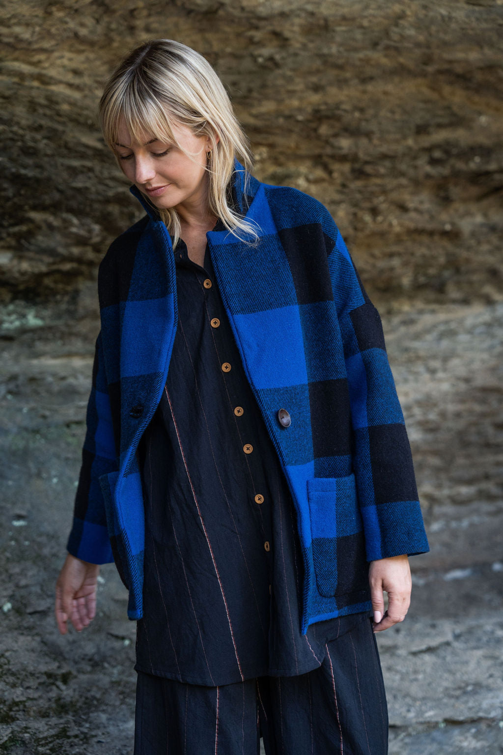 Portuguese Wool Pieper Coat in Cobalt and Black Plaid Made to Order
