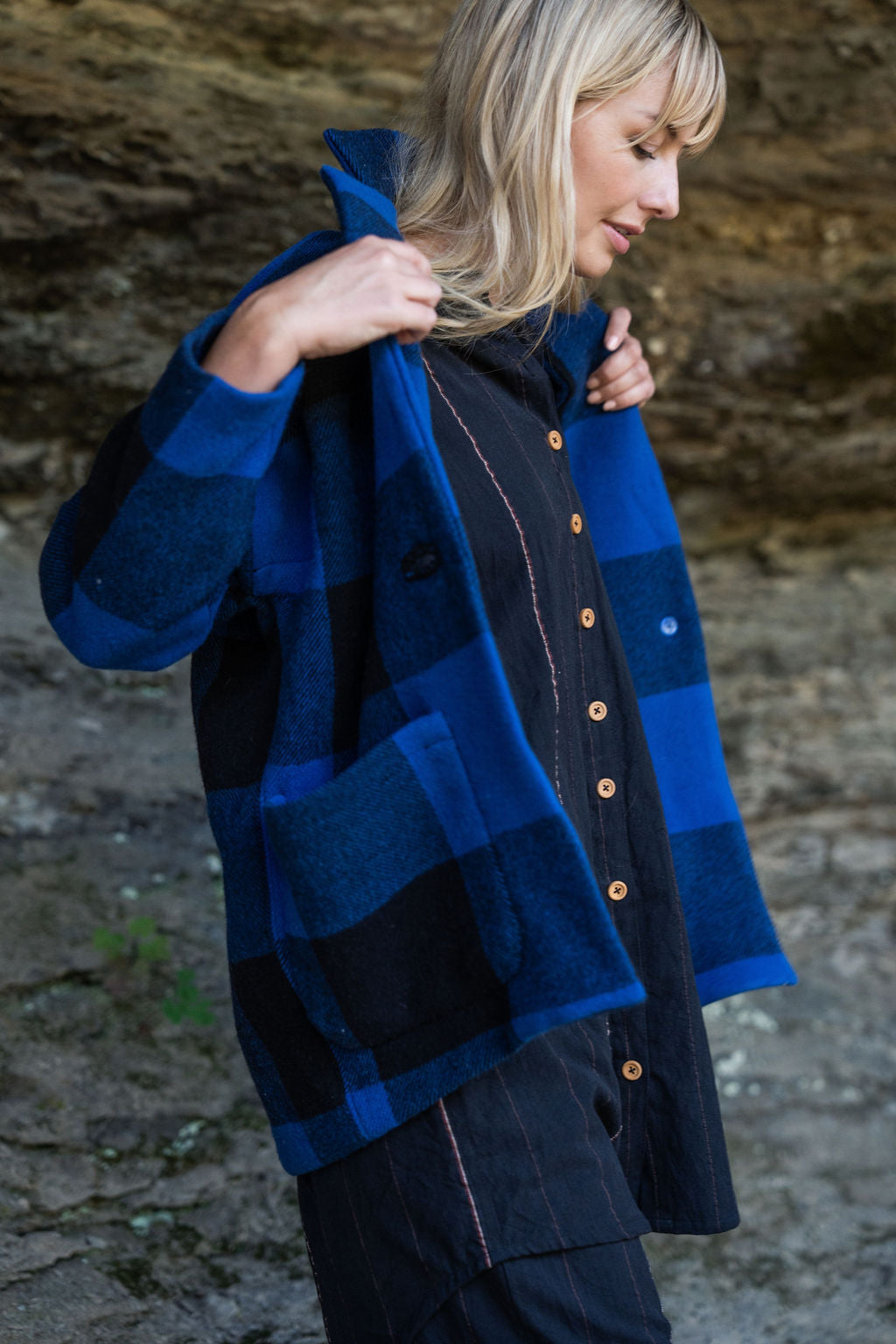 Portuguese Wool Pieper Coat in Cobalt and Black Plaid Made to Order