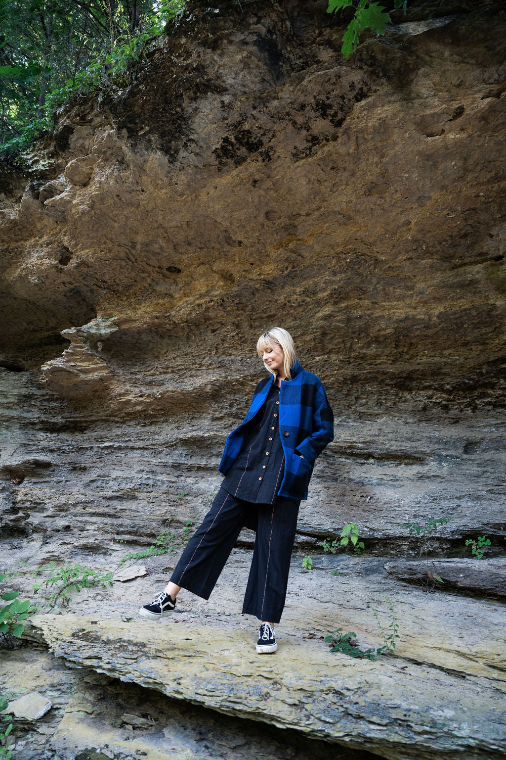 Portuguese Wool Pieper Coat in Cobalt and Black Plaid Made to Order