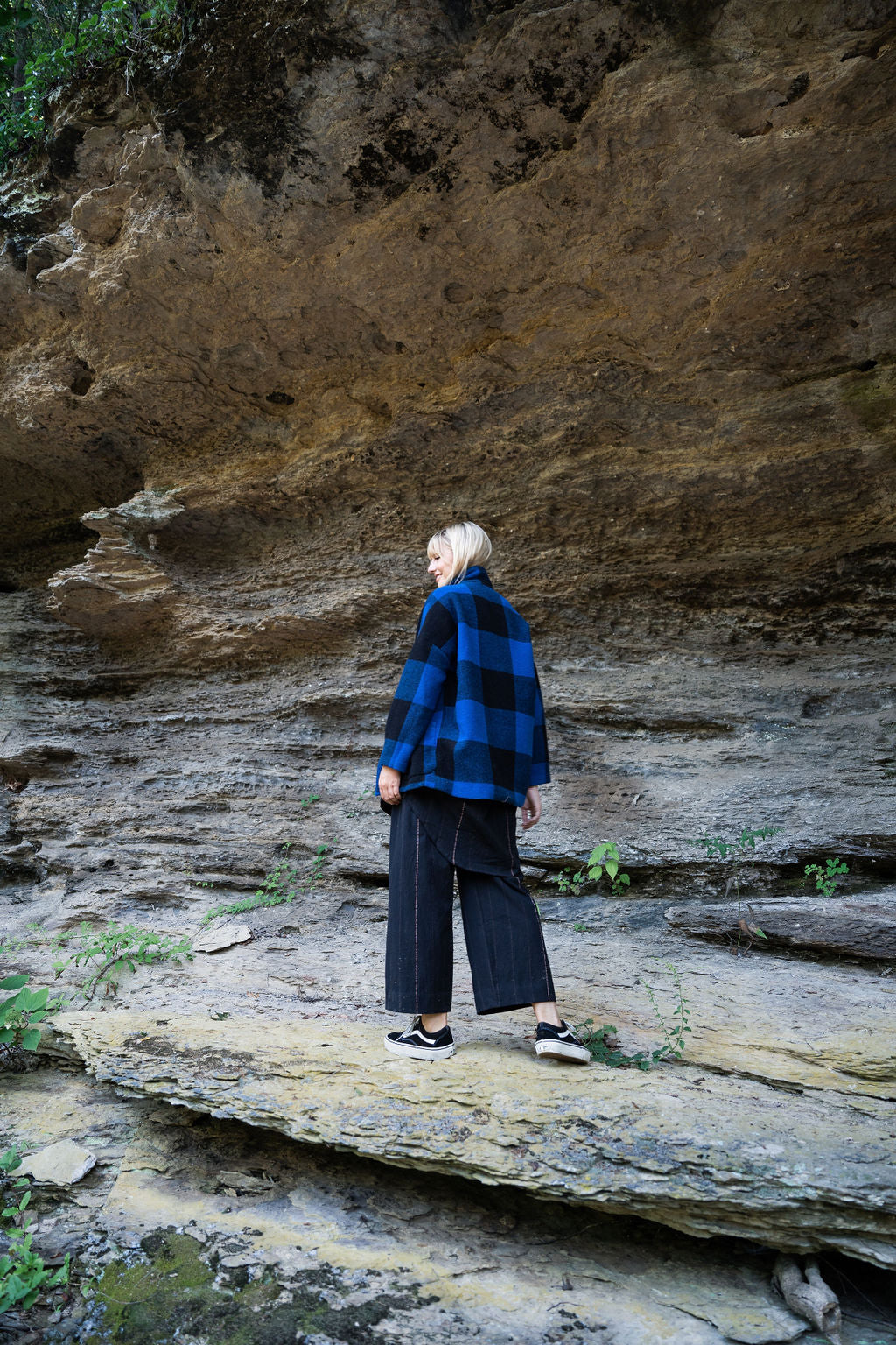Portuguese Wool Pieper Coat in Cobalt and Black Plaid Made to Order