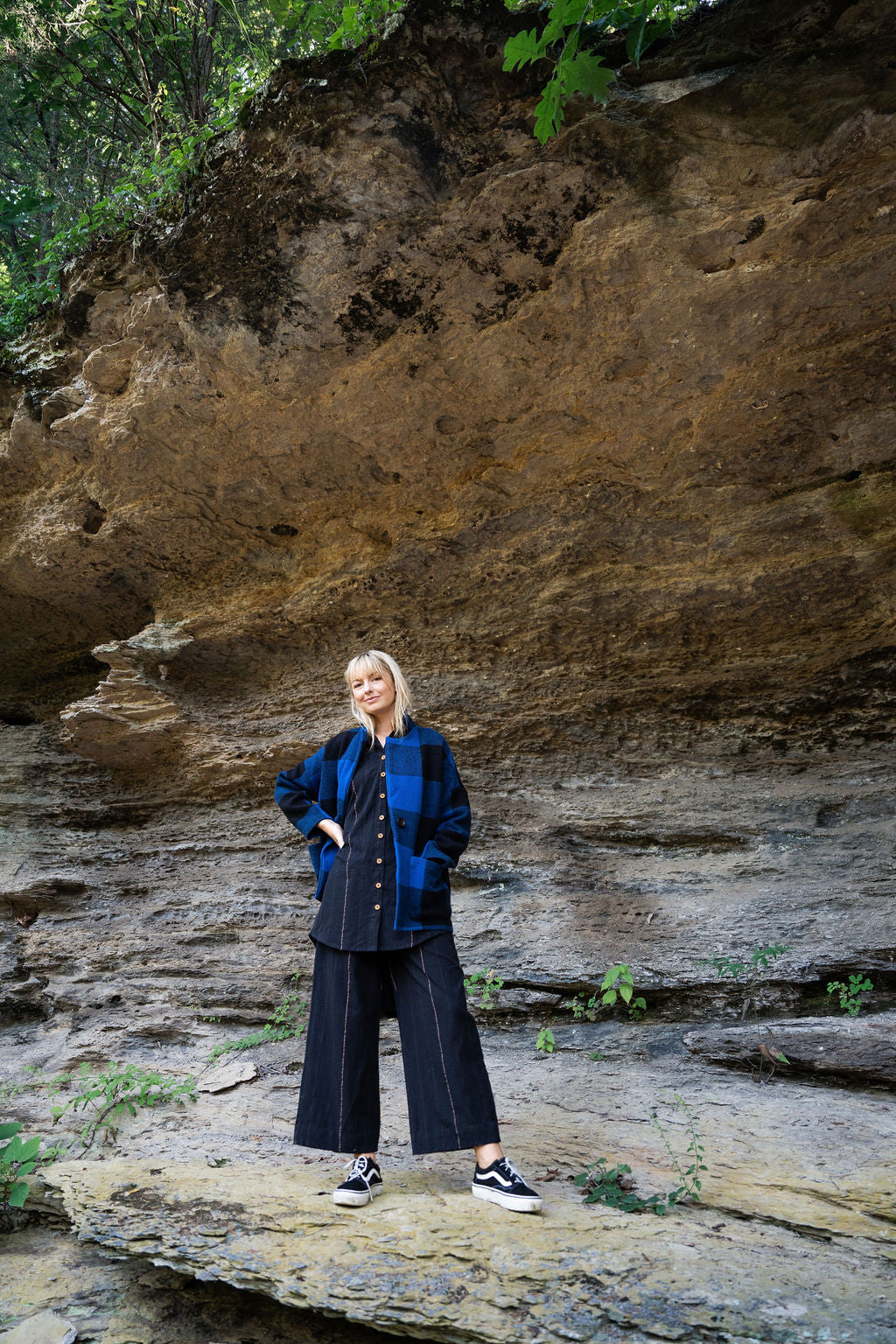 Portuguese Wool Pieper Coat in Cobalt and Black Plaid Made to Order