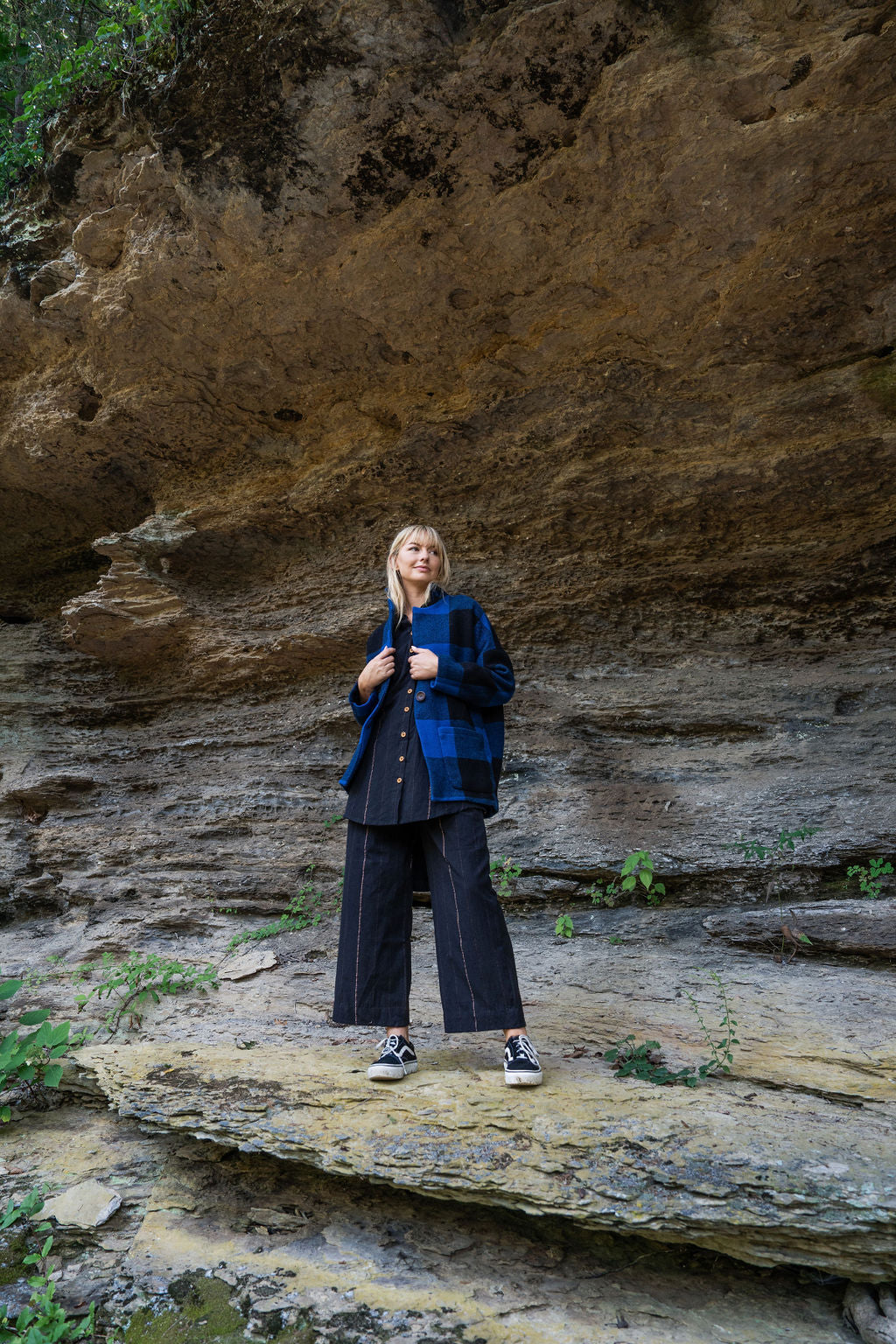 Portuguese Wool Pieper Coat in Cobalt and Black Plaid Made to Order