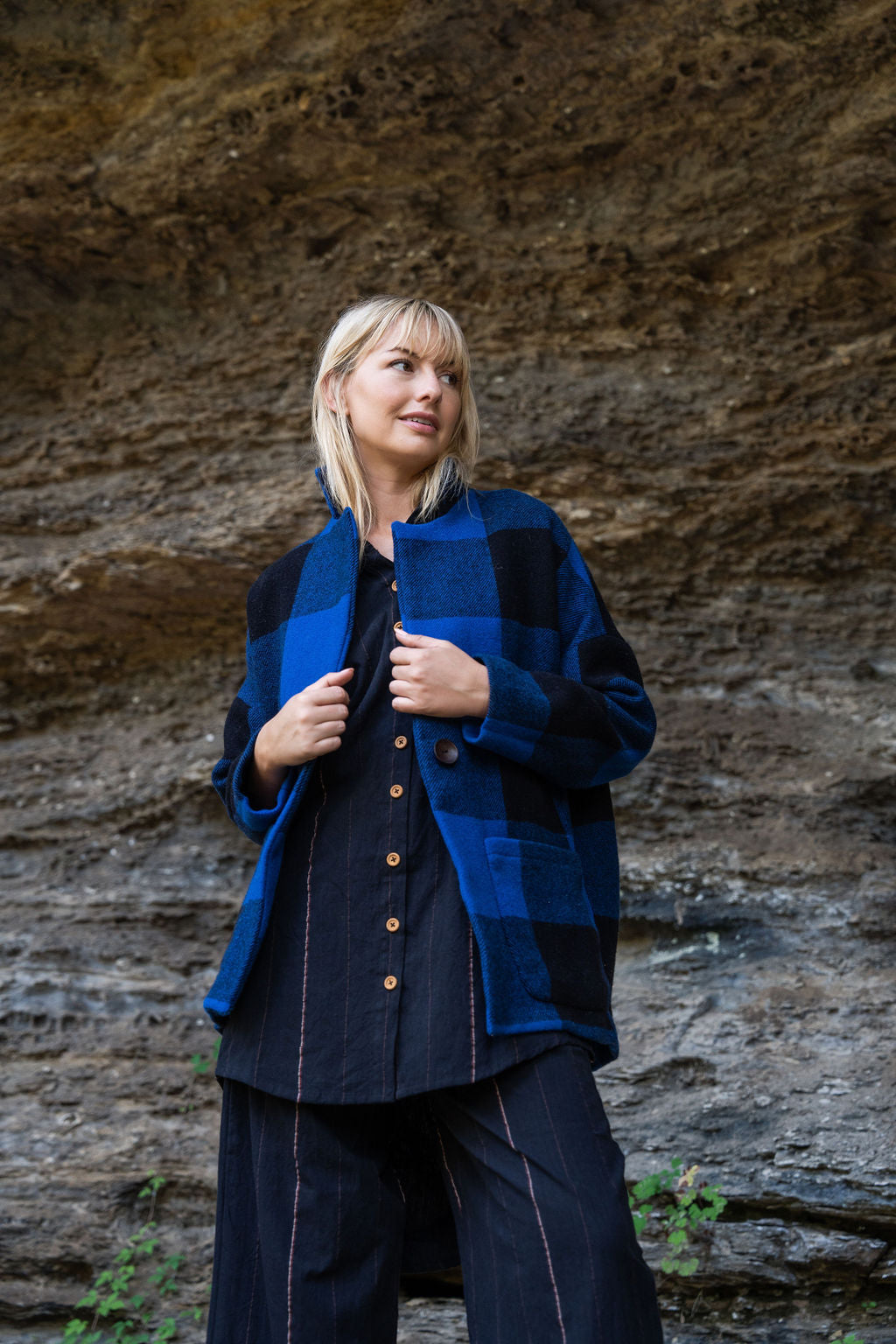 Portuguese Wool Pieper Coat in Cobalt and Black Plaid Made to Order