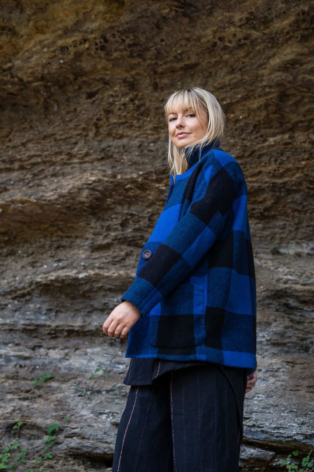 Portuguese Wool Pieper Coat in Cobalt and Black Plaid Made to Order