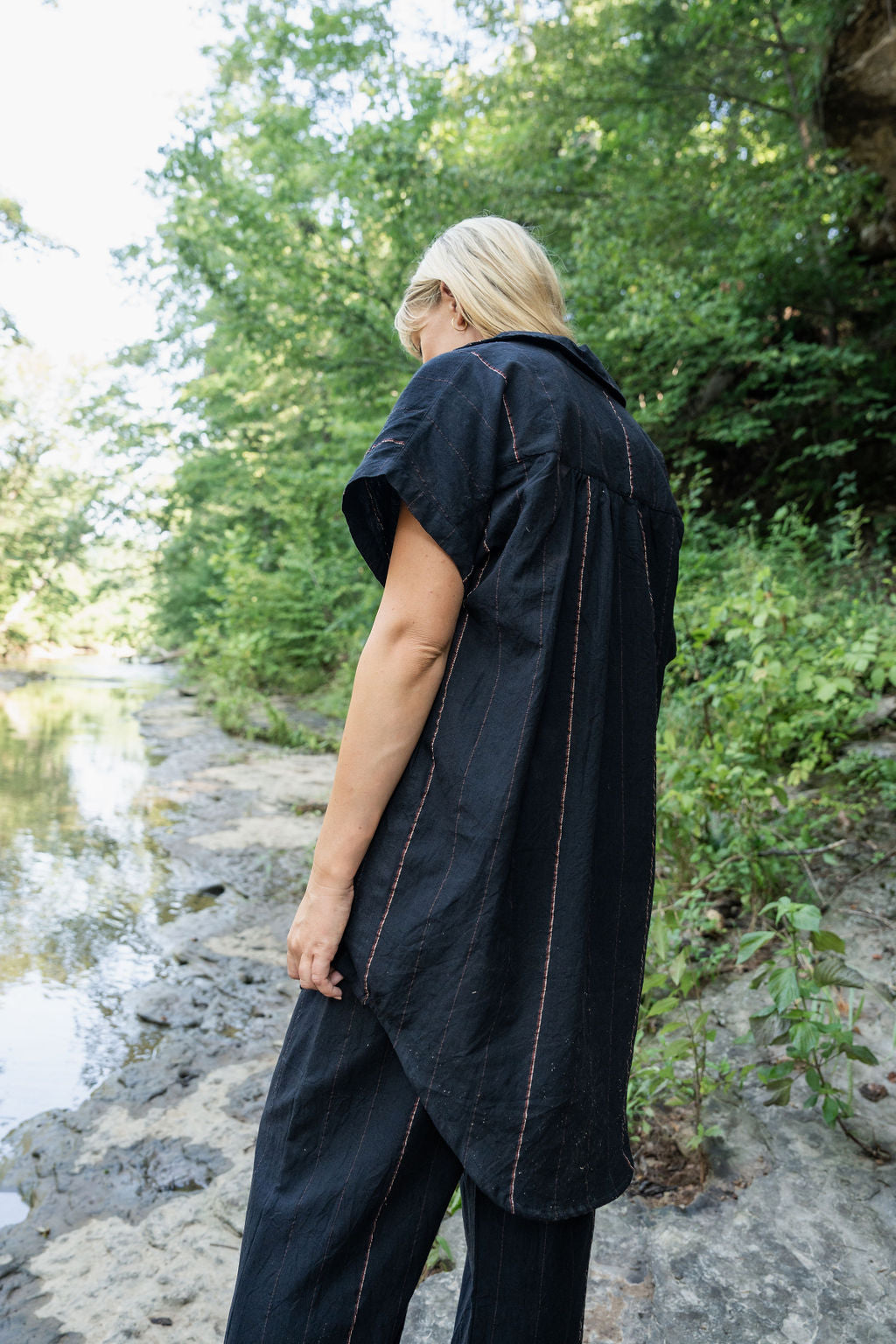 Paige Handwoven Cotton Relaxed Shirt Dress in Black