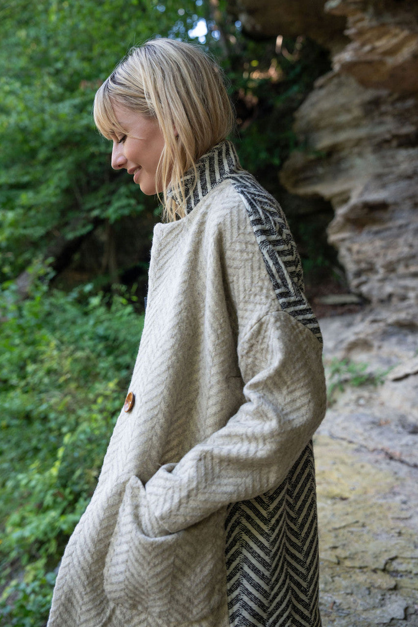 Portuguese Wool Pieper Coat in Neutral Mix-Match Herringbone Made to Order